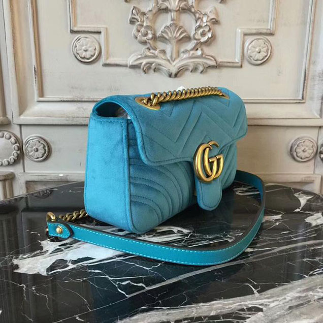 Gucci Marmont Chevron Velvet Shoulder Bag 446744 22cm Turquoise