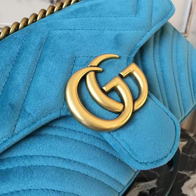Gucci Marmont Chevron Velvet Shoulder Bag 446744 22cm Turquoise