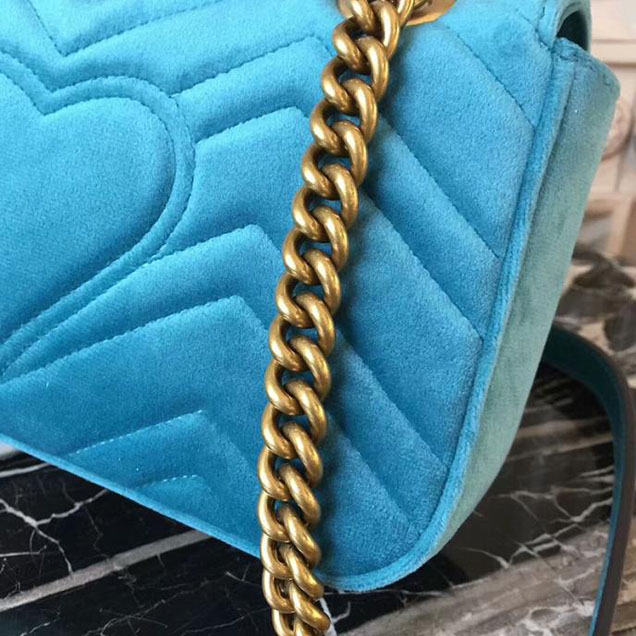 Gucci Marmont Chevron Velvet Shoulder Bag 446744 22cm Turquoise