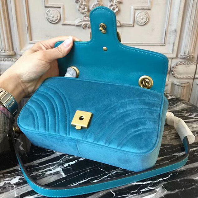 Gucci Marmont Chevron Velvet Shoulder Bag 446744 22cm Turquoise