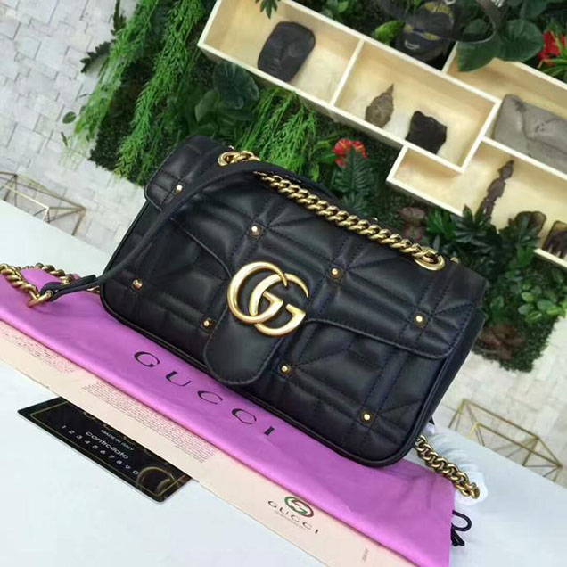Gucci GG Marmont Matelasse Pearl Studded Bag Calfskin Leather 26cm Black