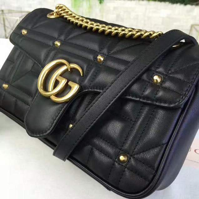 Gucci GG Marmont Matelasse Pearl Studded Bag Calfskin Leather 26cm Black