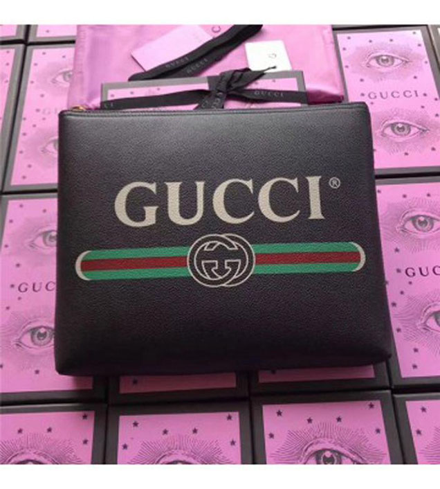 GUCCI 500981 Gucci Print Leather Medium Portfolio Black