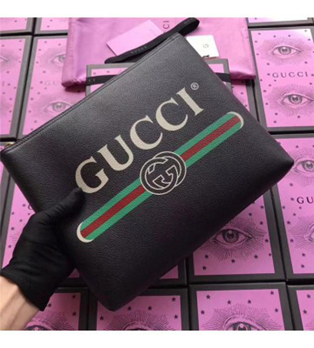 GUCCI 500981 Gucci Print Leather Medium Portfolio Black
