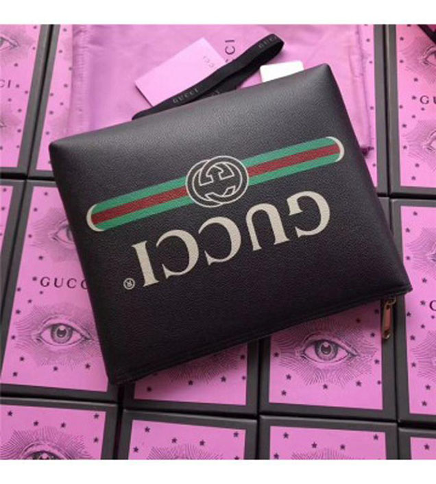 GUCCI 500981 Gucci Print Leather Medium Portfolio Black