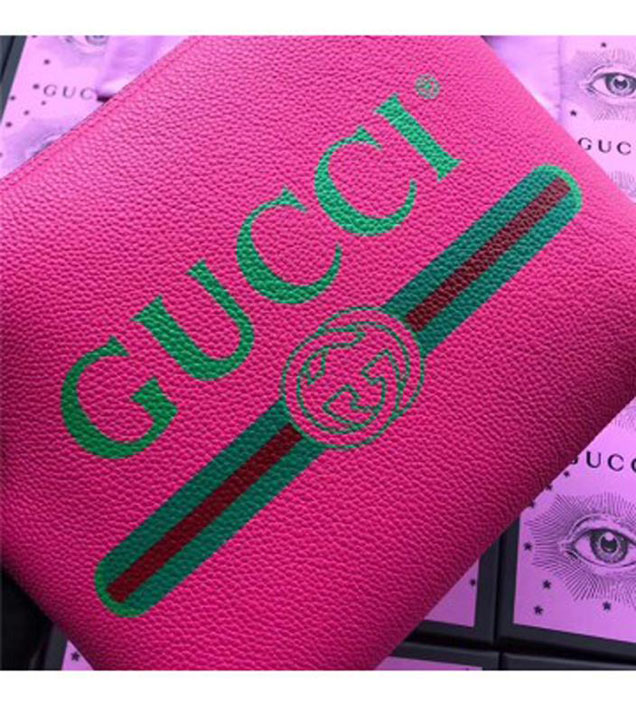 GUCCI 500981 Gucci Print Leather Medium Portfolio Rose Red