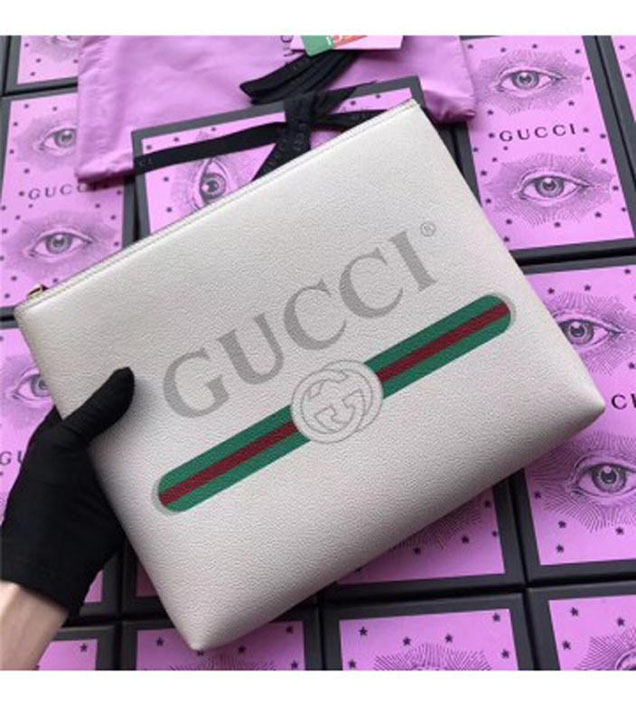 GUCCI 500981 Gucci Print Leather Medium Portfolio White