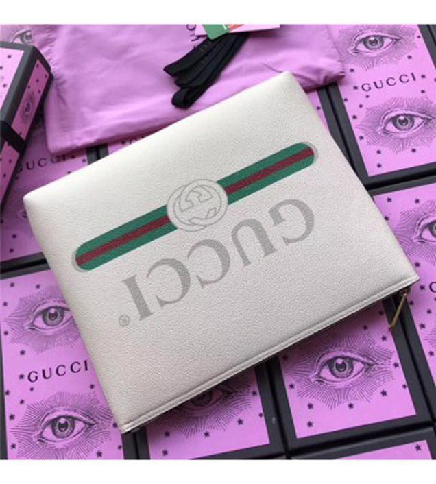 GUCCI 500981 Gucci Print Leather Medium Portfolio White