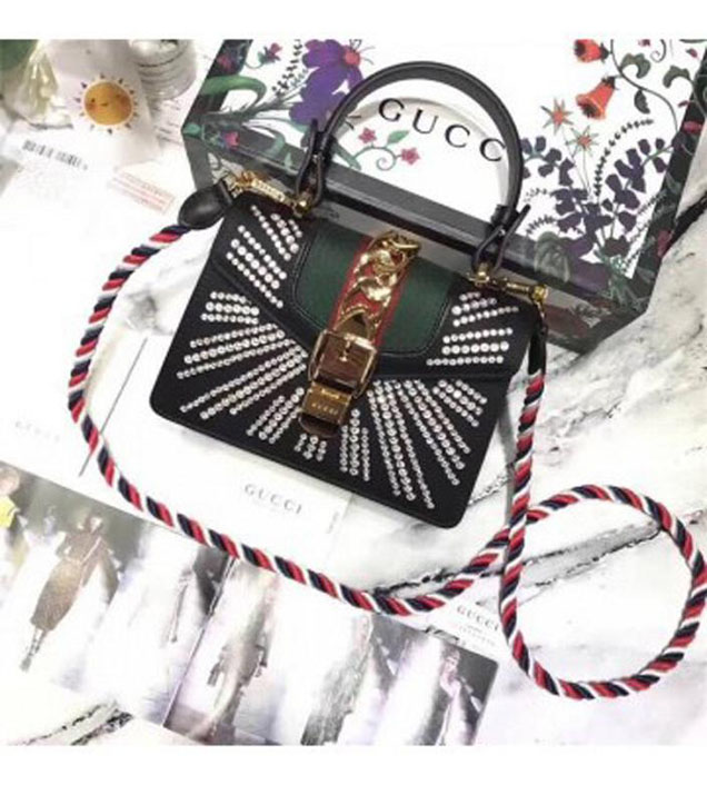 GUCCI 470270 Sylvie Leather Mini Chain Handbag Black