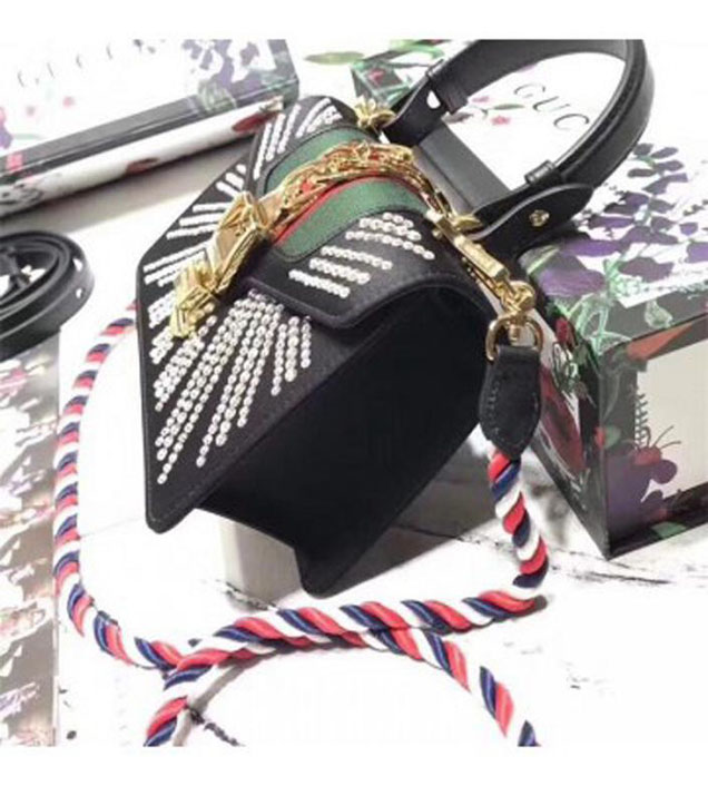 GUCCI 470270 Sylvie Leather Mini Chain Handbag Black