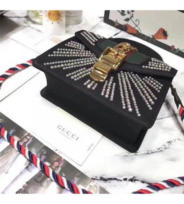 GUCCI 470270 Sylvie Leather Mini Chain Handbag Black