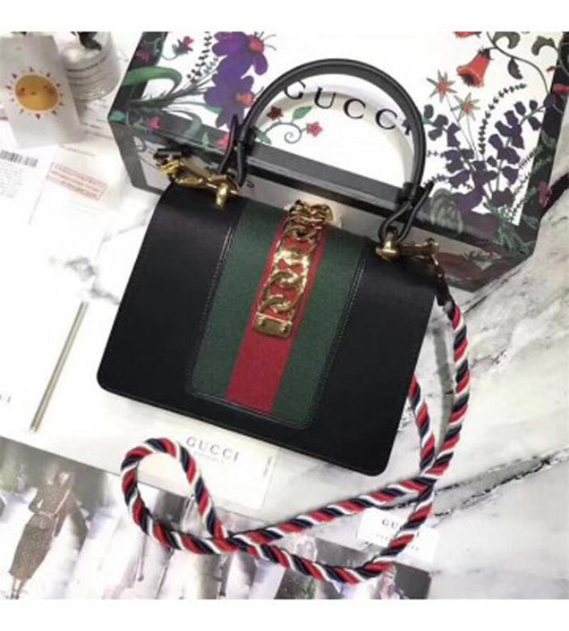 GUCCI 470270 Sylvie Leather Mini Chain Handbag Black
