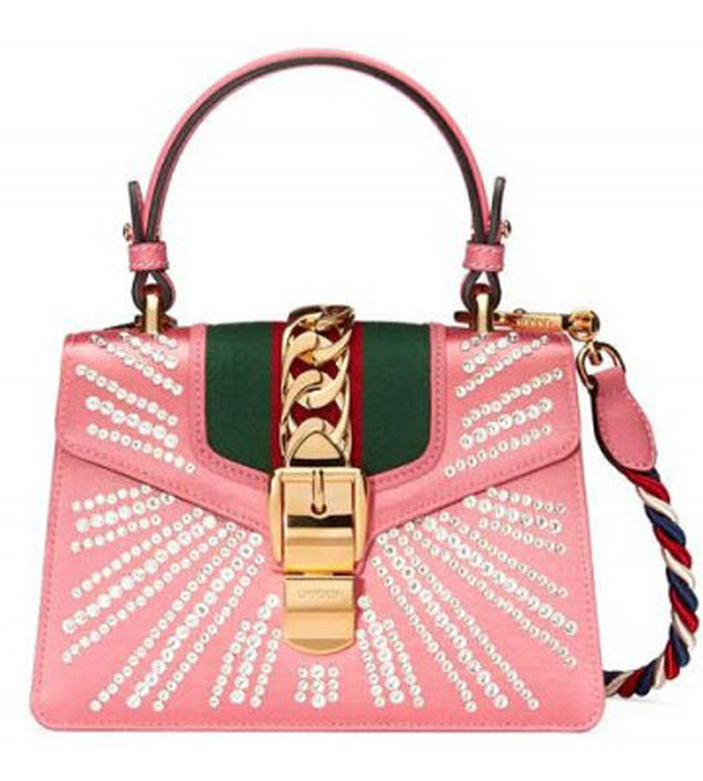 GUCCI 470270 Sylvie Leather Mini Chain Handbag Pink