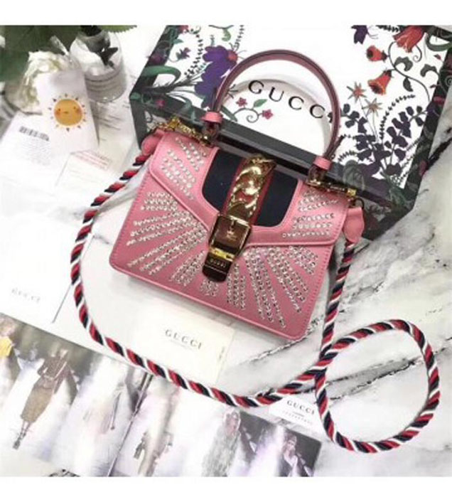 GUCCI 470270 Sylvie Leather Mini Chain Handbag Pink