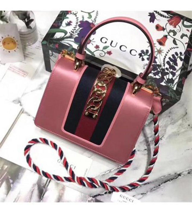 GUCCI 470270 Sylvie Leather Mini Chain Handbag Pink