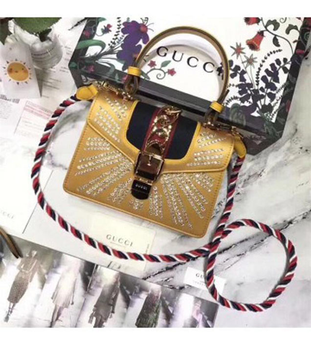 GUCCI 470270 Sylvie Leather Mini Chain Handbag Yellow