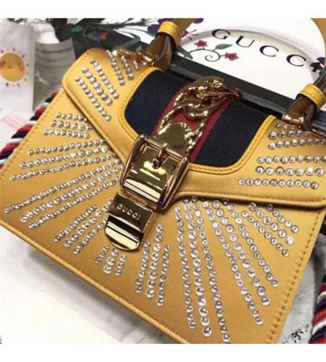 GUCCI 470270 Sylvie Leather Mini Chain Handbag Yellow