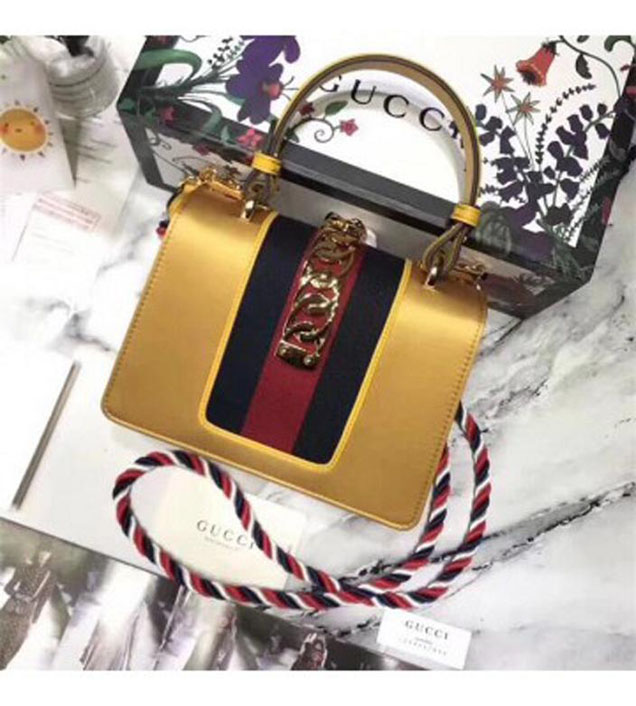 GUCCI 470270 Sylvie Leather Mini Chain Handbag Yellow