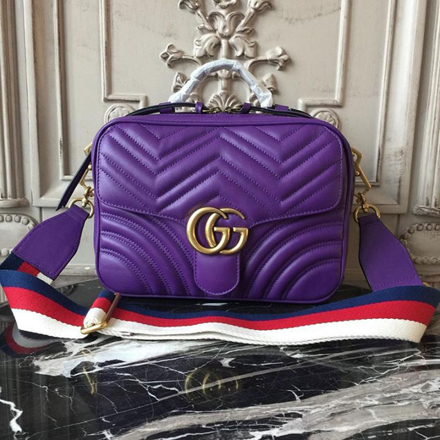 Gucci GG Marmont Chevron Quilted Top Handle Camera Bag 26cm with Sylvie Web Strap Calfskin Leather 498100 Spring Summer 2018 Collection Purple