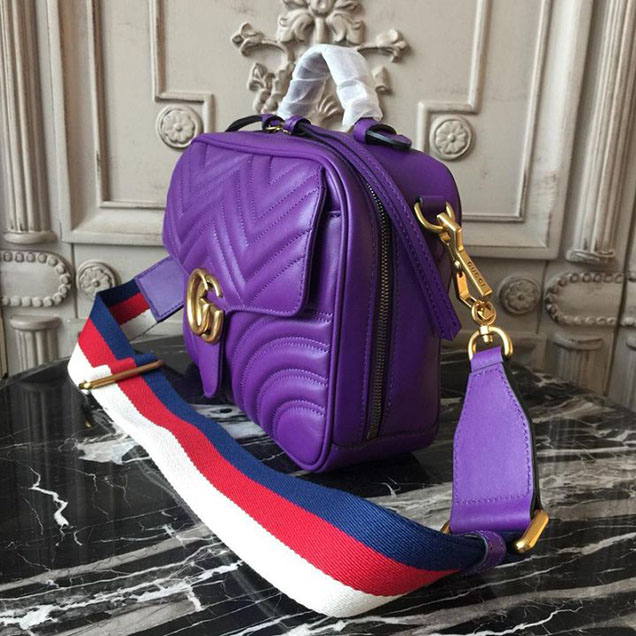 Gucci GG Marmont Chevron Quilted Top Handle Camera Bag 26cm with Sylvie Web Strap Calfskin Leather 498100 Spring Summer 2018 Collection Purple