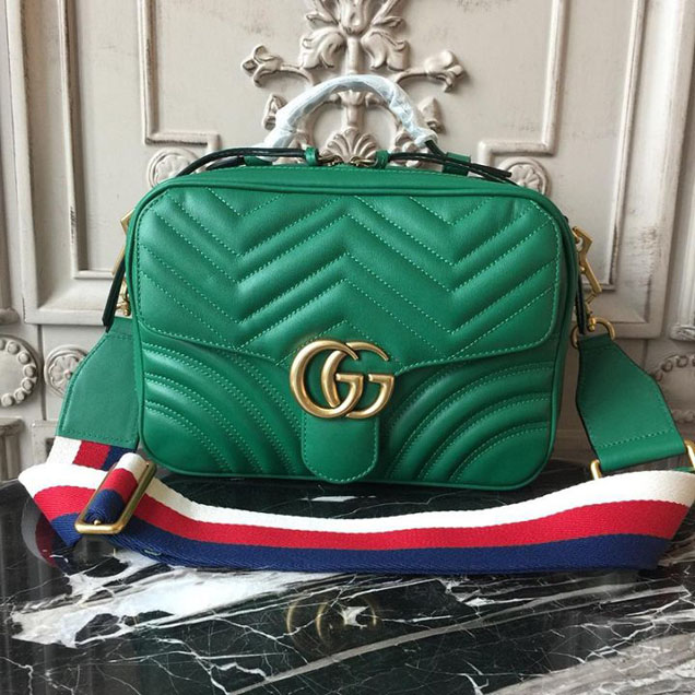 Gucci GG Marmont Chevron Quilted Top Handle Camera Bag 26cm with Sylvie Web Strap Calfskin Leather 498100 Spring Summer 2018 Collection Green