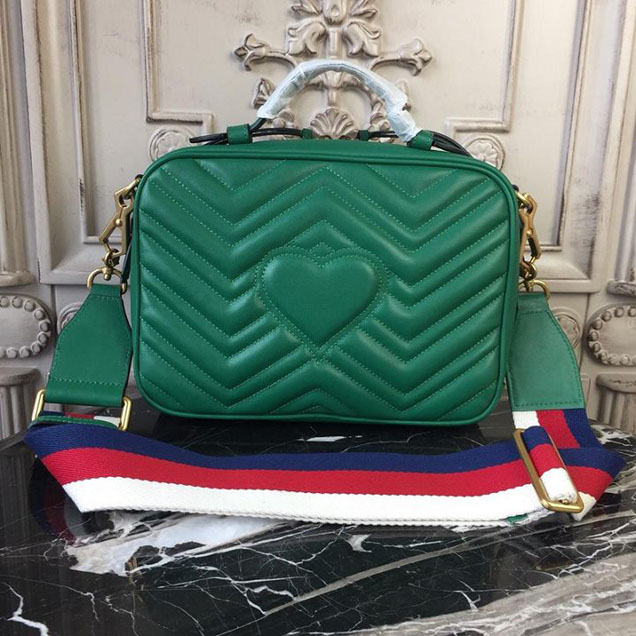 Gucci GG Marmont Chevron Quilted Top Handle Camera Bag 26cm with Sylvie Web Strap Calfskin Leather 498100 Spring Summer 2018 Collection Green