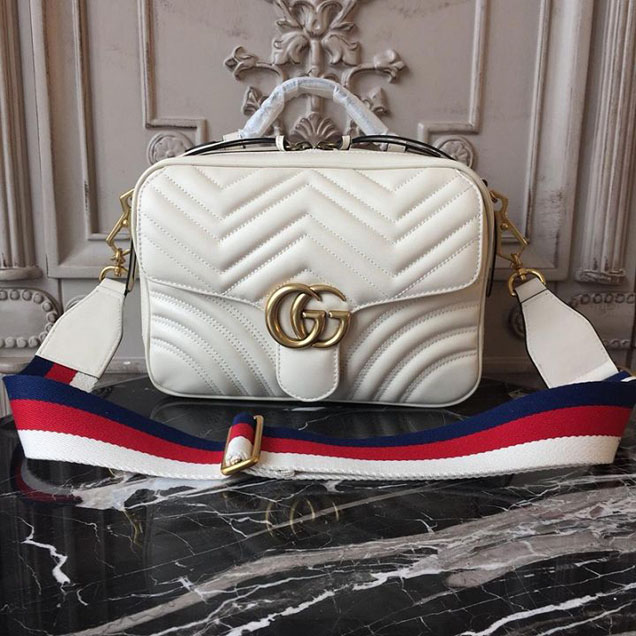 Gucci GG Marmont Chevron Quilted Top Handle Camera Bag 26cm with Sylvie Web Strap Calfskin Leather 498100 Spring Summer 2018 Collection White