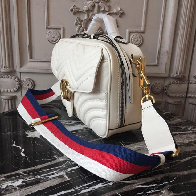 Gucci GG Marmont Chevron Quilted Top Handle Camera Bag 26cm with Sylvie Web Strap Calfskin Leather 498100 Spring Summer 2018 Collection White
