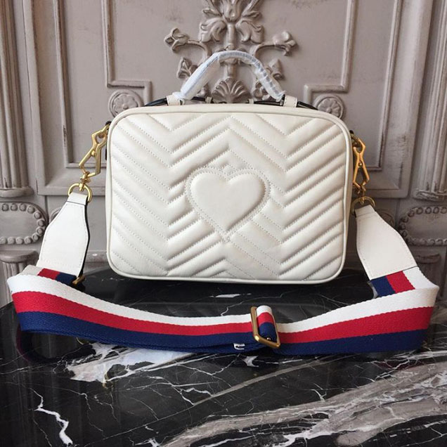 Gucci GG Marmont Chevron Quilted Top Handle Camera Bag 26cm with Sylvie Web Strap Calfskin Leather 498100 Spring Summer 2018 Collection White