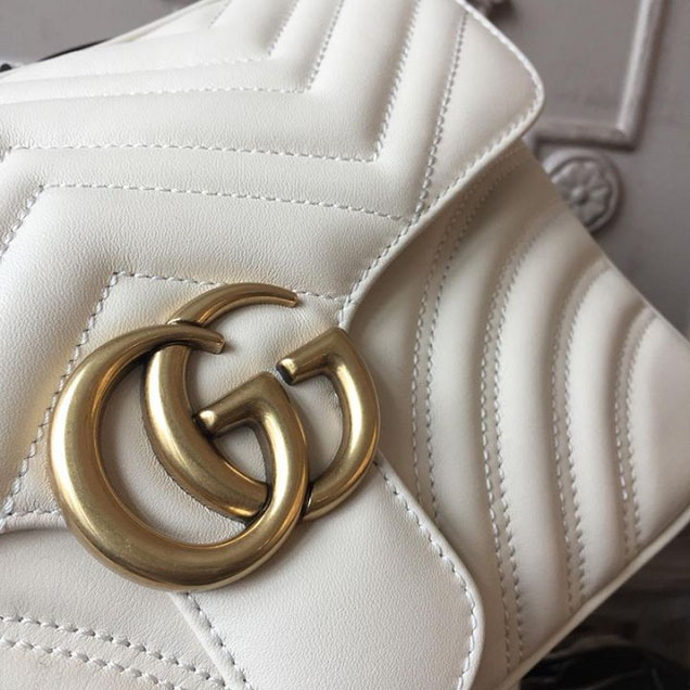 Gucci GG Marmont Chevron Quilted Top Handle Camera Bag 26cm with Sylvie Web Strap Calfskin Leather 498100 Spring Summer 2018 Collection White