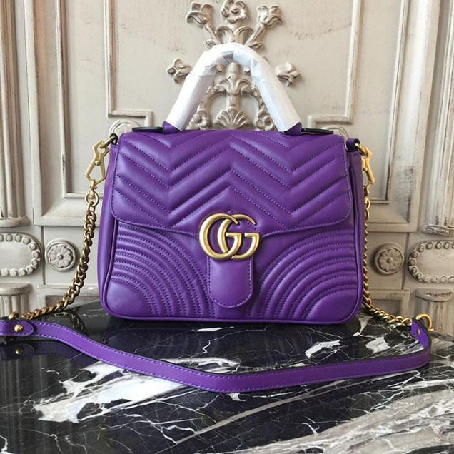 Gucci GG Marmont Chevron Quilted Top Handle 26cm Bag with Chain Strap Calfskin Leather 498110 Spring Summer 2018 Collection Purple