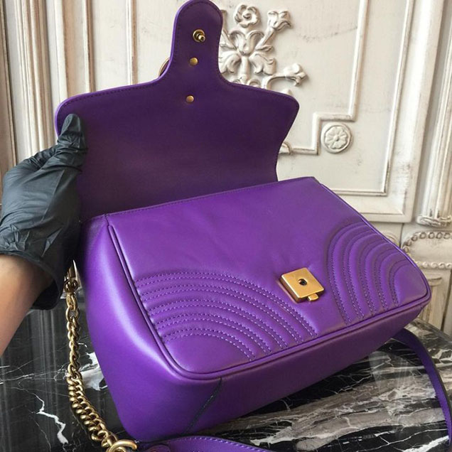 Gucci GG Marmont Chevron Quilted Top Handle 26cm Bag with Chain Strap Calfskin Leather 498110 Spring Summer 2018 Collection Purple
