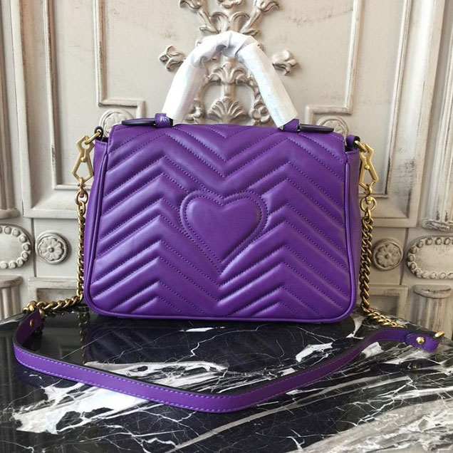 Gucci GG Marmont Chevron Quilted Top Handle 26cm Bag with Chain Strap Calfskin Leather 498110 Spring Summer 2018 Collection Purple