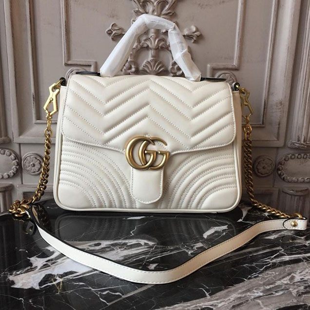 Gucci GG Marmont Chevron Quilted Top Handle 26cm Bag with Chain Strap Calfskin Leather 498110 Spring Summer 2018 Collection White