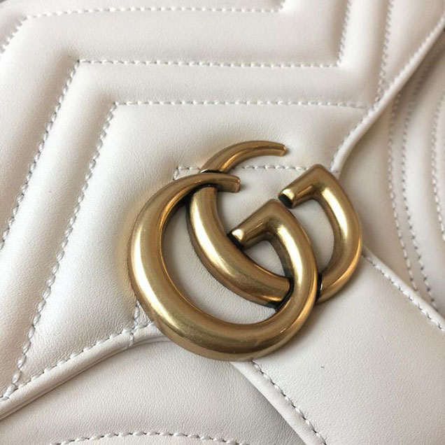 Gucci GG Marmont Chevron Quilted Top Handle 26cm Bag with Chain Strap Calfskin Leather 498110 Spring Summer 2018 Collection White