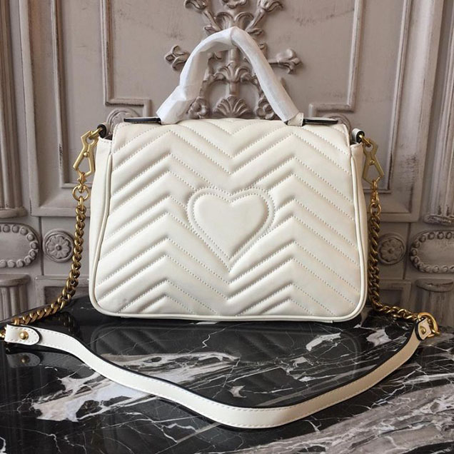 Gucci GG Marmont Chevron Quilted Top Handle 26cm Bag with Chain Strap Calfskin Leather 498110 Spring Summer 2018 Collection White