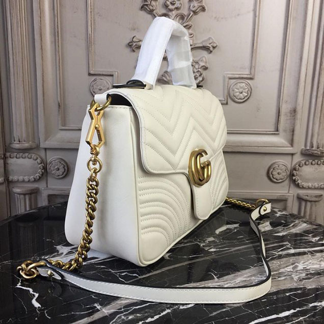 Gucci GG Marmont Chevron Quilted Top Handle 26cm Bag with Chain Strap Calfskin Leather 498110 Spring Summer 2018 Collection White