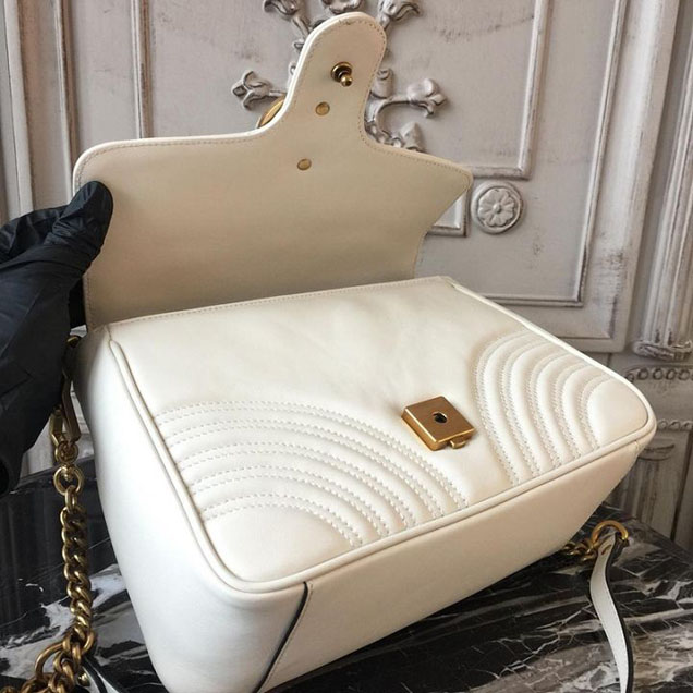 Gucci GG Marmont Chevron Quilted Top Handle 26cm Bag with Chain Strap Calfskin Leather 498110 Spring Summer 2018 Collection White
