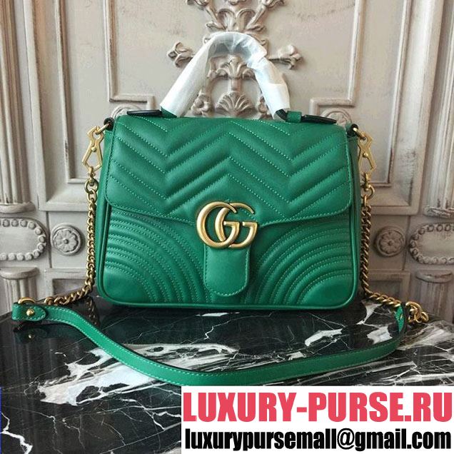 Gucci GG Marmont Chevron Quilted Top Handle 26cm Bag with Chain Strap Calfskin Leather 498110 Spring Summer 2018 Collection Green