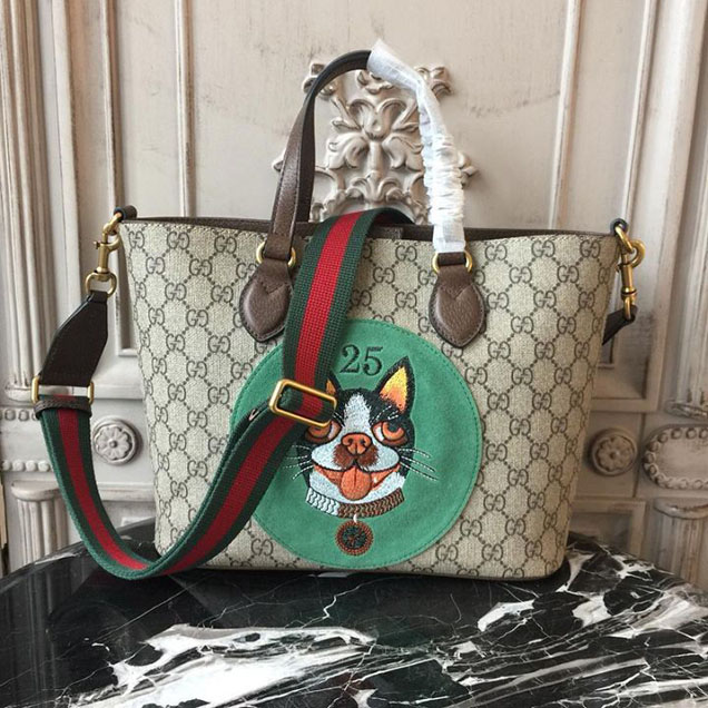 Gucci GG Supreme Bosco Boston Terrier Shopping Tote 28cm 473887 Calfskin Leather Chinese New Year 2018 Collection Green