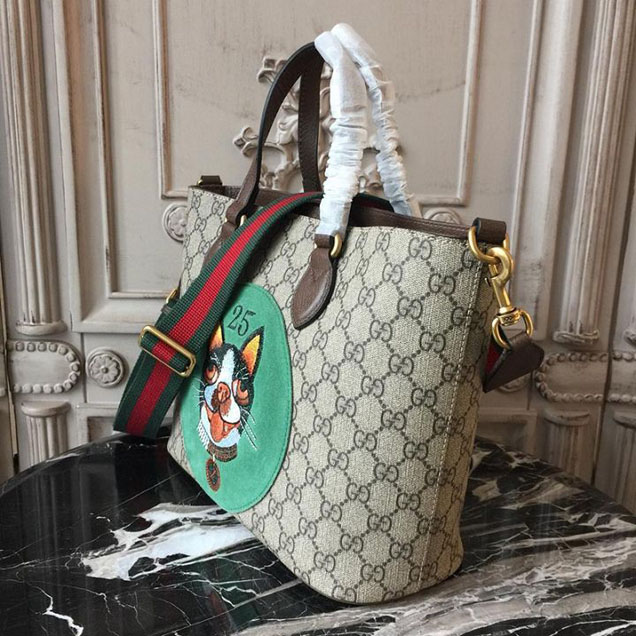 Gucci GG Supreme Bosco Boston Terrier Shopping Tote 28cm 473887 Calfskin Leather Chinese New Year 2018 Collection Green