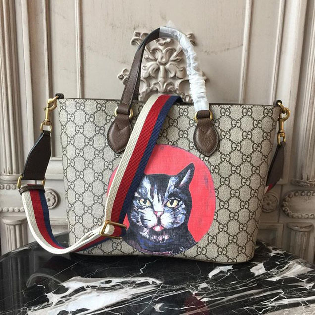 Gucci GG Supreme Bosco Bestiary Cat Shopping Tote 28cm 473887 Calfskin Leather Chinese New Year 2018 Collection Red