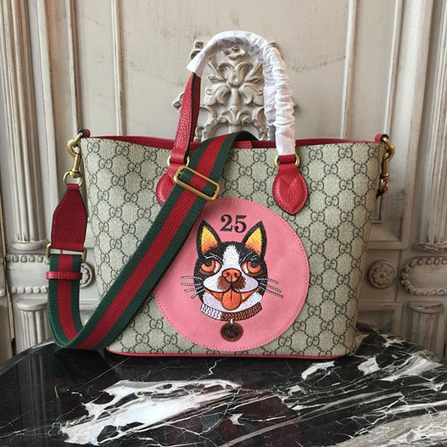 Gucci GG Supreme Bosco Boston Terrier Shopping Tote 28cm 473887 Calfskin Leather Chinese New Year 2018 Collection Red