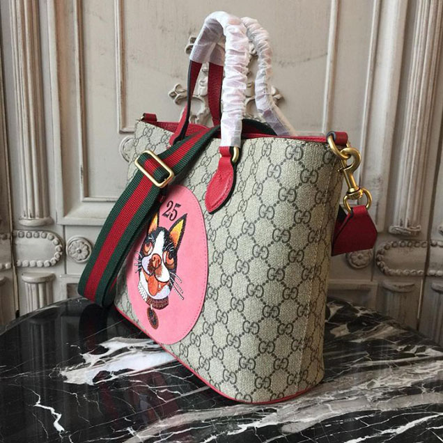 Gucci GG Supreme Bosco Boston Terrier Shopping Tote 28cm 473887 Calfskin Leather Chinese New Year 2018 Collection Red