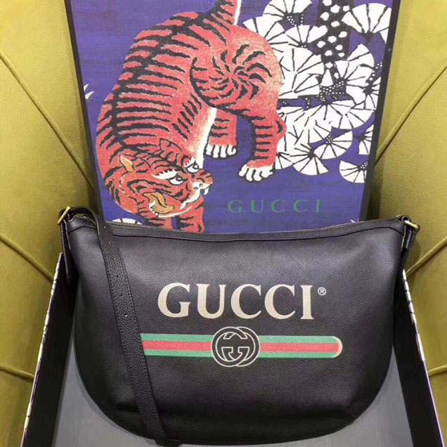 Gucci Leather Print Half-Moon Hobo Bag 523588 Black 2018