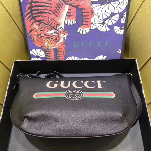 Gucci Leather Print Half-Moon Hobo Bag 523588 Black 2018