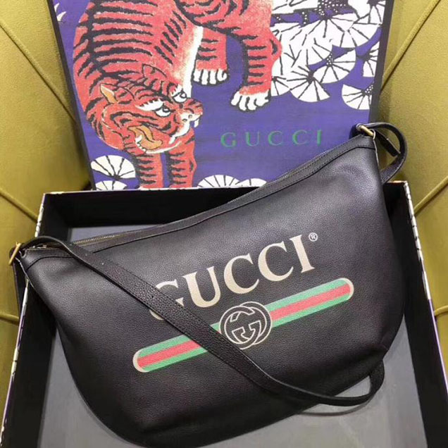 Gucci Leather Print Half-Moon Hobo Bag 523588 Black 2018