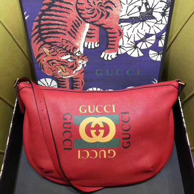 Gucci Leather Print Half-Moon Hobo Bag 523588 Red 2018