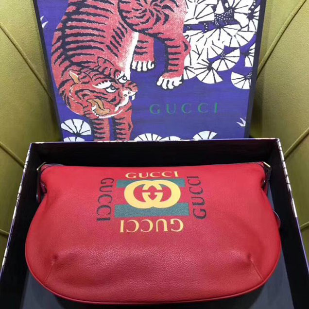 Gucci Leather Print Half-Moon Hobo Bag 523588 Red 2018