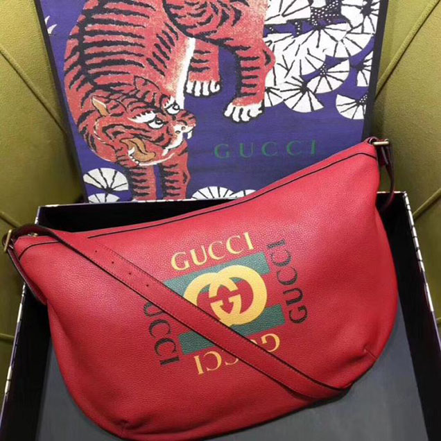 Gucci Leather Print Half-Moon Hobo Bag 523588 Red 2018